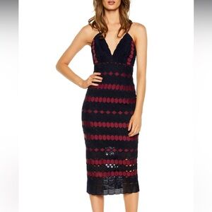 Bardot Navy & Burgundy Embroidered Diamond Geometric Plunging Neck Midi Dress XS